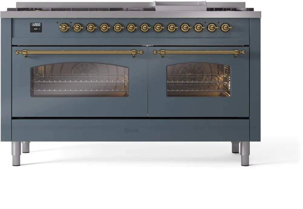 ILVE Nostalgie II 60" Dual Fuel Natural Gas Range, Blue Grey, Brass Trim UP60FNMPBGG