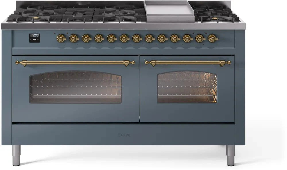 ILVE Nostalgie II 60" Dual Fuel Natural Gas Range, Blue Grey, Brass Trim UP60FNMPBGG