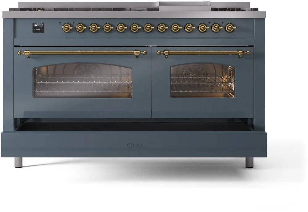 ILVE Nostalgie II 60" Dual Fuel Natural Gas Range, Blue Grey, Brass Trim UP60FNMPBGG