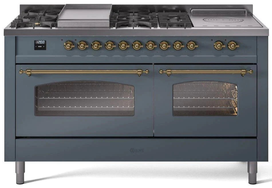ILVE Nostalgie II 60" Dual Fuel Natural Gas Range, Blue Grey, Brass Trim UP60FSNMPBGG