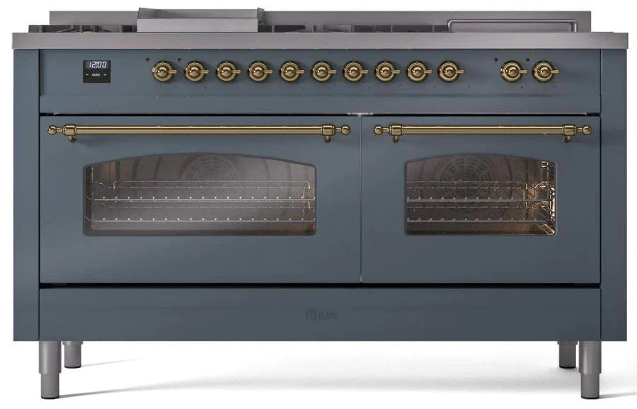 ILVE Nostalgie II 60" Dual Fuel Liquid Propane Range, Blue Grey, Brass Trim UP60FSNMPBGGLP