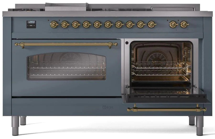 ILVE Nostalgie II 60" Dual Fuel Natural Gas Range, Blue Grey, Brass Trim UP60FSNMPBGG