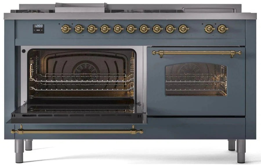ILVE Nostalgie II 60" Dual Fuel Natural Gas Range, Blue Grey, Brass Trim UP60FSNMPBGG