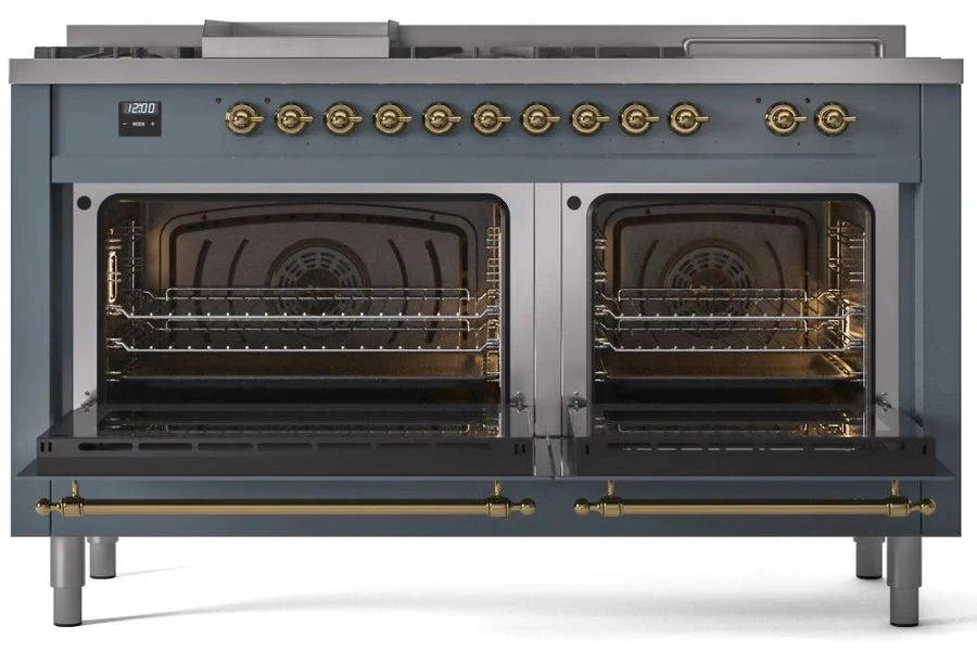 ILVE Nostalgie II 60" Dual Fuel Natural Gas Range, Blue Grey, Brass Trim UP60FSNMPBGG