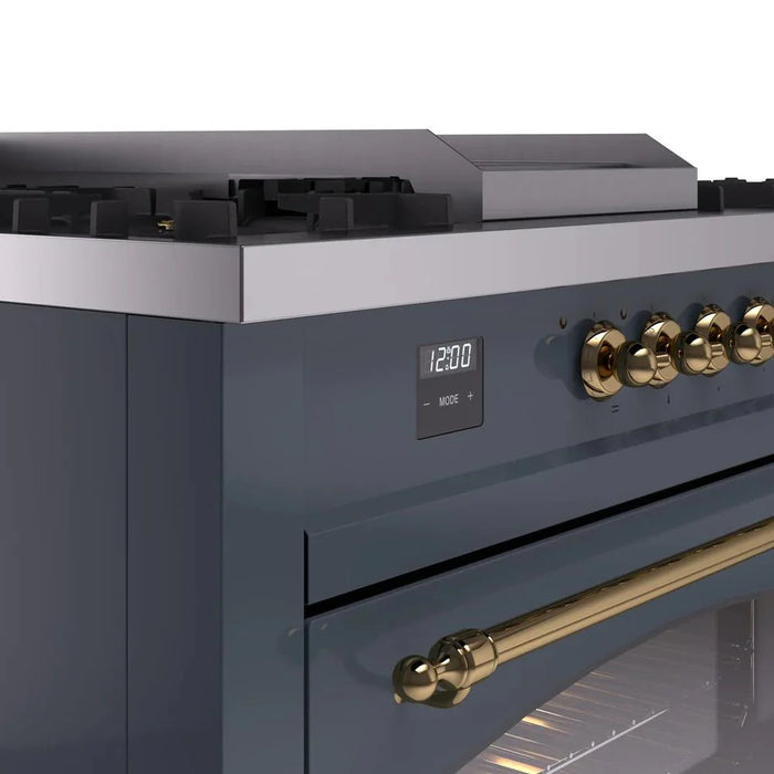 ILVE Nostalgie II 60" Dual Fuel Liquid Propane Range, Blue Grey, Brass Trim UP60FSNMPBGGLP