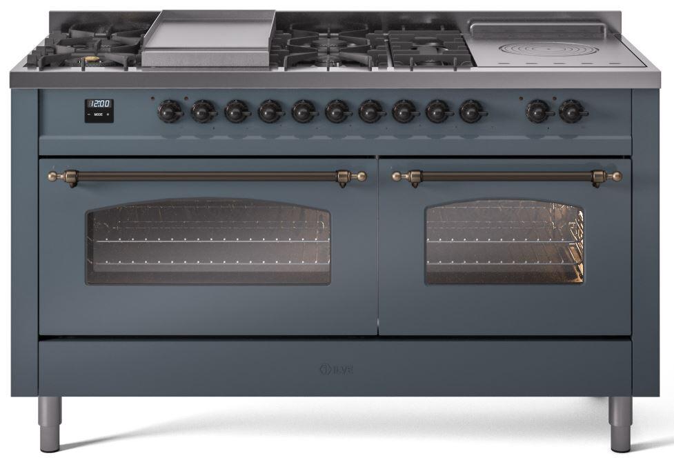 ILVE Nostalgie II 60" Dual Fuel Natural Gas Range, Blue Grey, Bronze Trim UP60FSNMPBGB