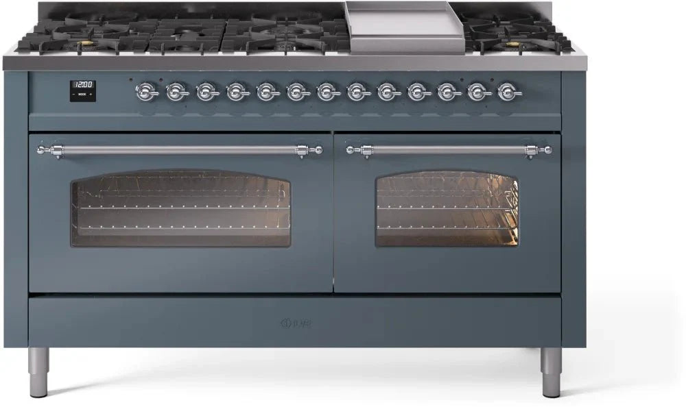 ILVE Nostalgie II 60" Dual Fuel Natural Gas Range, Blue Grey, Chrome Trim UP60FNMPBGC
