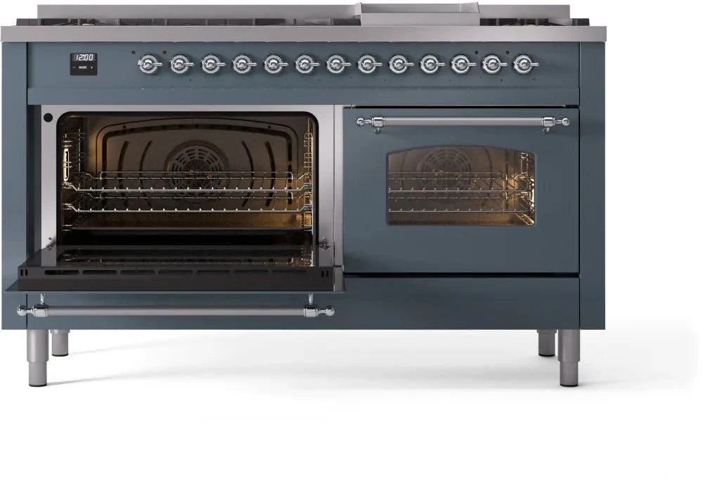 ILVE Nostalgie II 60" Dual Fuel Natural Gas Range, Blue Grey, Chrome Trim UP60FNMPBGC