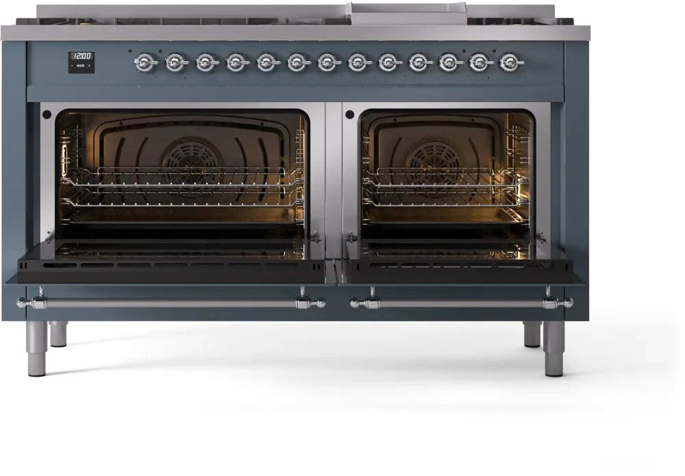 ILVE Nostalgie II 60" Dual Fuel Natural Gas Range, Blue Grey, Chrome Trim UP60FNMPBGC