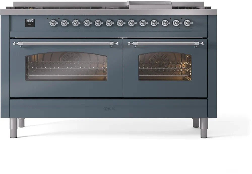 ILVE Nostalgie II 60" Dual Fuel Natural Gas Range, Blue Grey, Chrome Trim UP60FNMPBGC