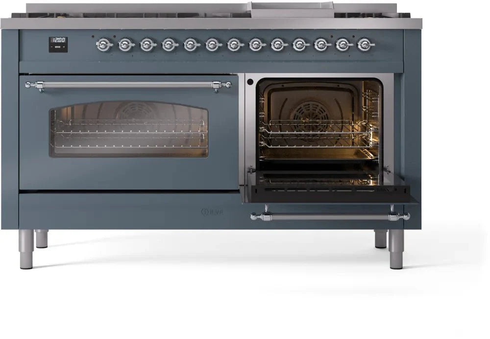 ILVE Nostalgie II 60" Dual Fuel Natural Gas Range, Blue Grey, Chrome Trim UP60FNMPBGC