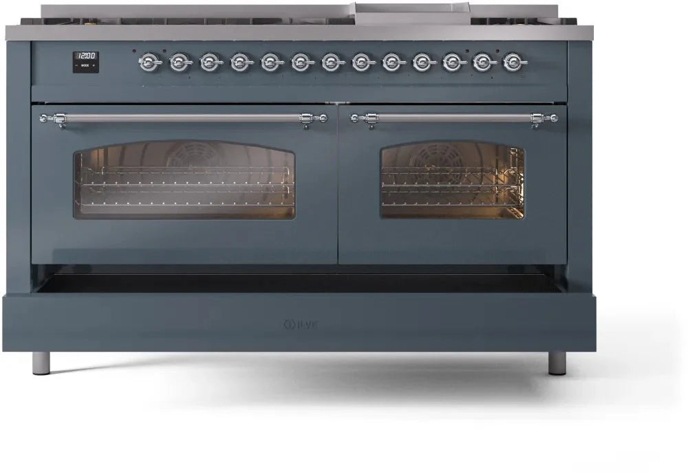 ILVE Nostalgie II 60" Dual Fuel Natural Gas Range, Blue Grey, Chrome Trim UP60FNMPBGC