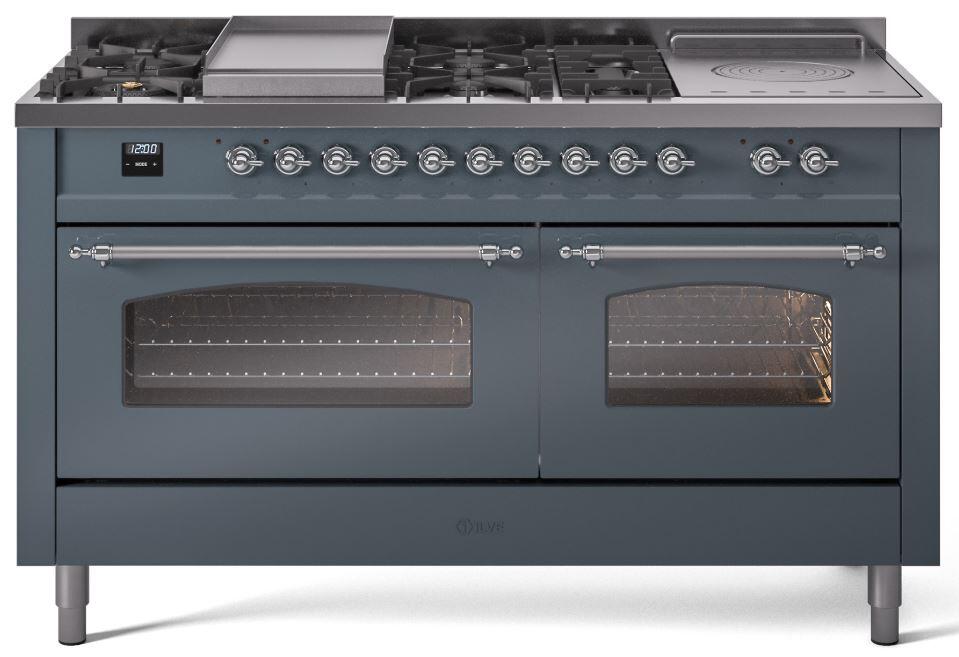 ILVE Nostalgie II 60" Dual Fuel Natural Gas Range, Blue Grey, Chrome Trim UP60FSNMPBGC