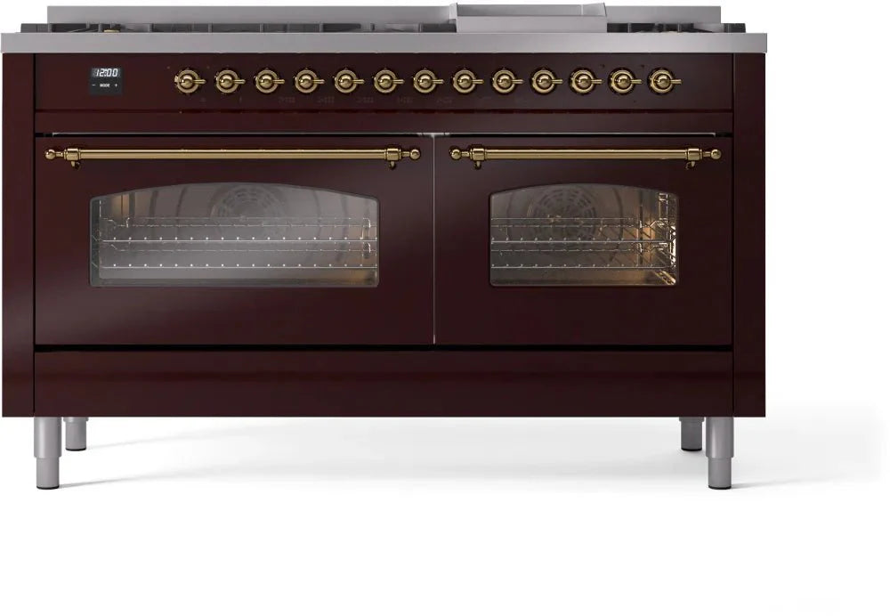 ILVE Nostalgie II 60" Dual Fuel Natural Gas Range, Burgandy, Brass Trim UP60FNMPBUG