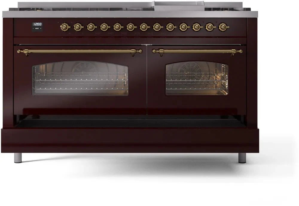ILVE Nostalgie II 60" Dual Fuel Natural Gas Range, Burgandy, Brass Trim UP60FNMPBUG