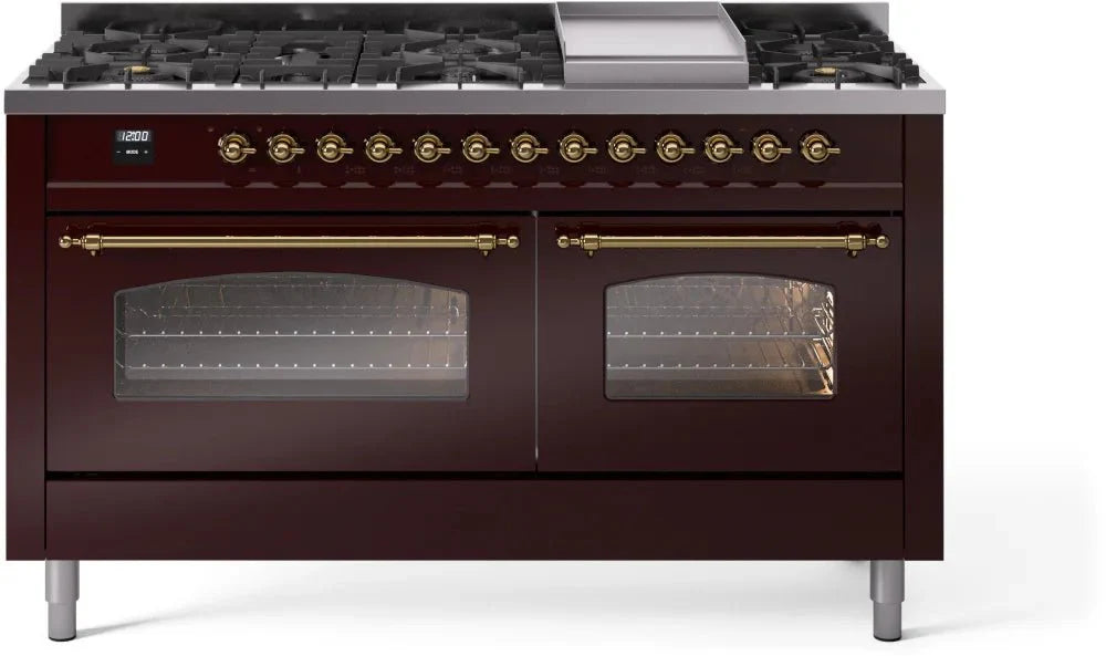 ILVE Nostalgie II 60" Dual Fuel Natural Gas Range, Burgandy, Brass Trim UP60FNMPBUG