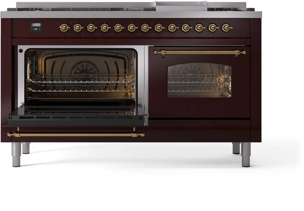 ILVE Nostalgie II 60" Dual Fuel Natural Gas Range, Burgandy, Brass Trim UP60FNMPBUG