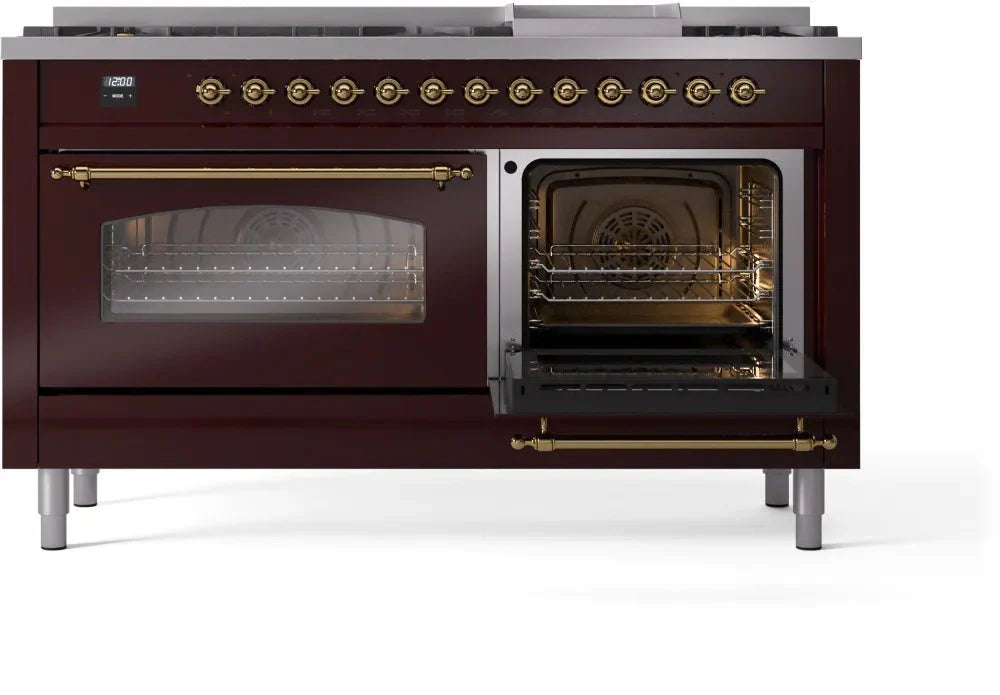 ILVE Nostalgie II 60" Dual Fuel Natural Gas Range, Burgandy, Brass Trim UP60FNMPBUG