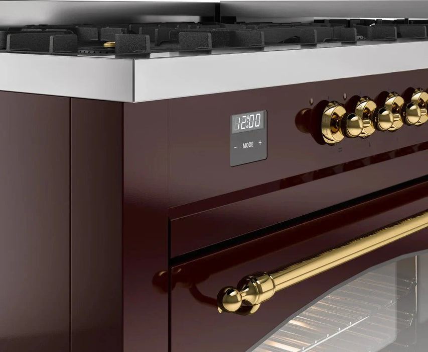ILVE Nostalgie II 60" Dual Fuel Natural Gas Range, Burgandy, Brass Trim UP60FNMPBUG