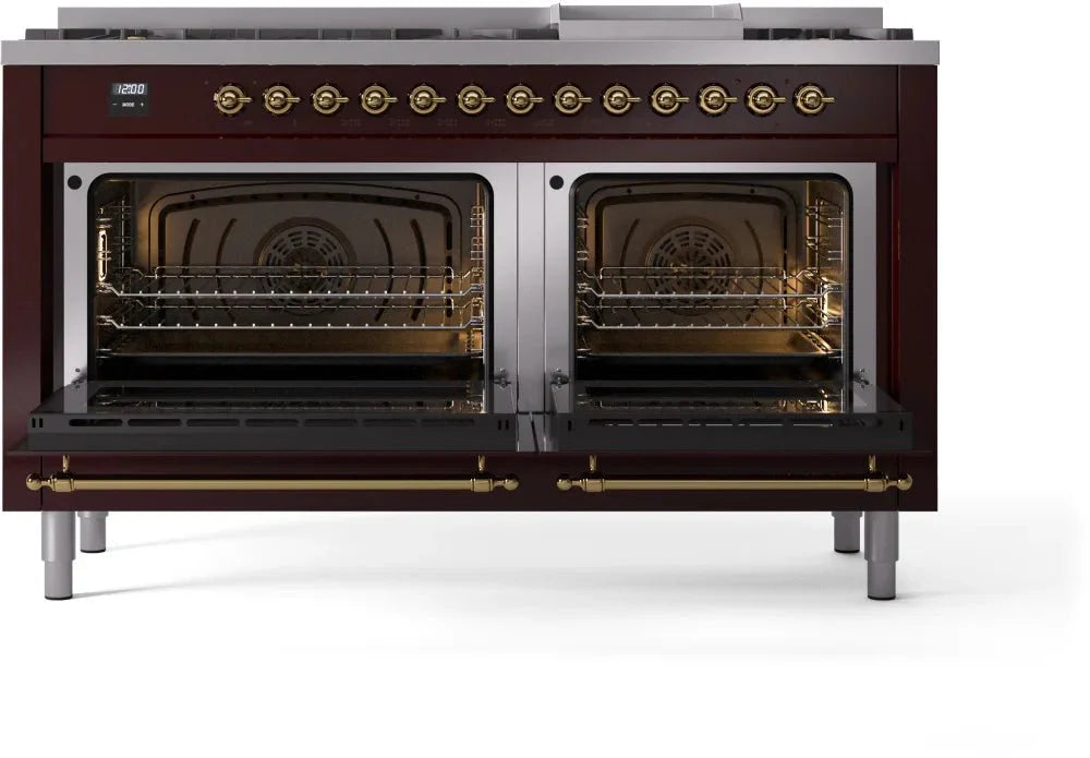 ILVE Nostalgie II 60" Dual Fuel Natural Gas Range, Burgandy, Brass Trim UP60FNMPBUG