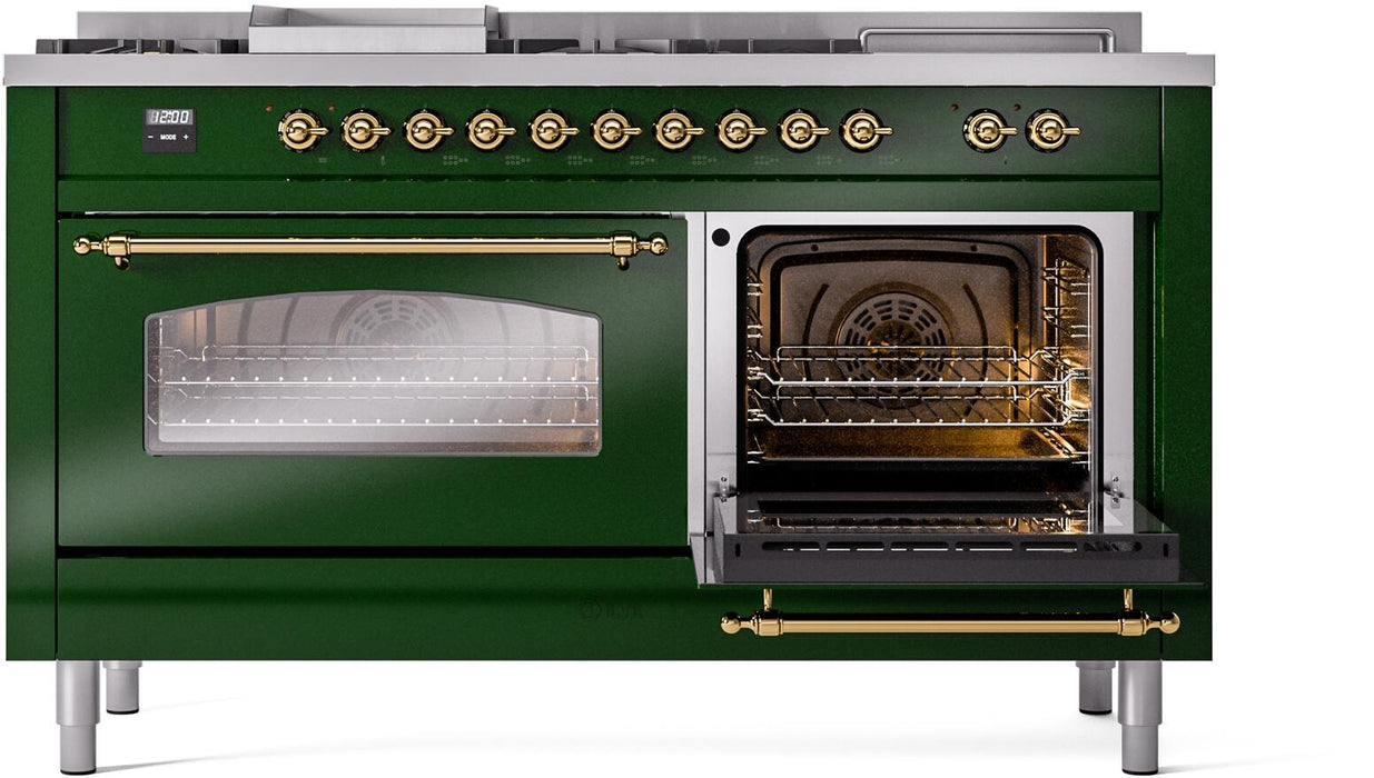 ILVE Nostalgie II 60" Dual Fuel Natural Gas Range, Emerald Green, Brass Trim UP60FSNMPEGG