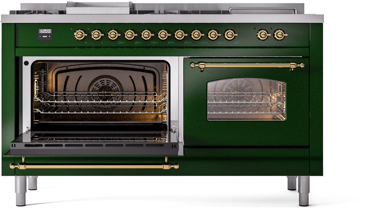 ILVE Nostalgie II 60" Dual Fuel Natural Gas Range, Emerald Green, Brass Trim UP60FSNMPEGG