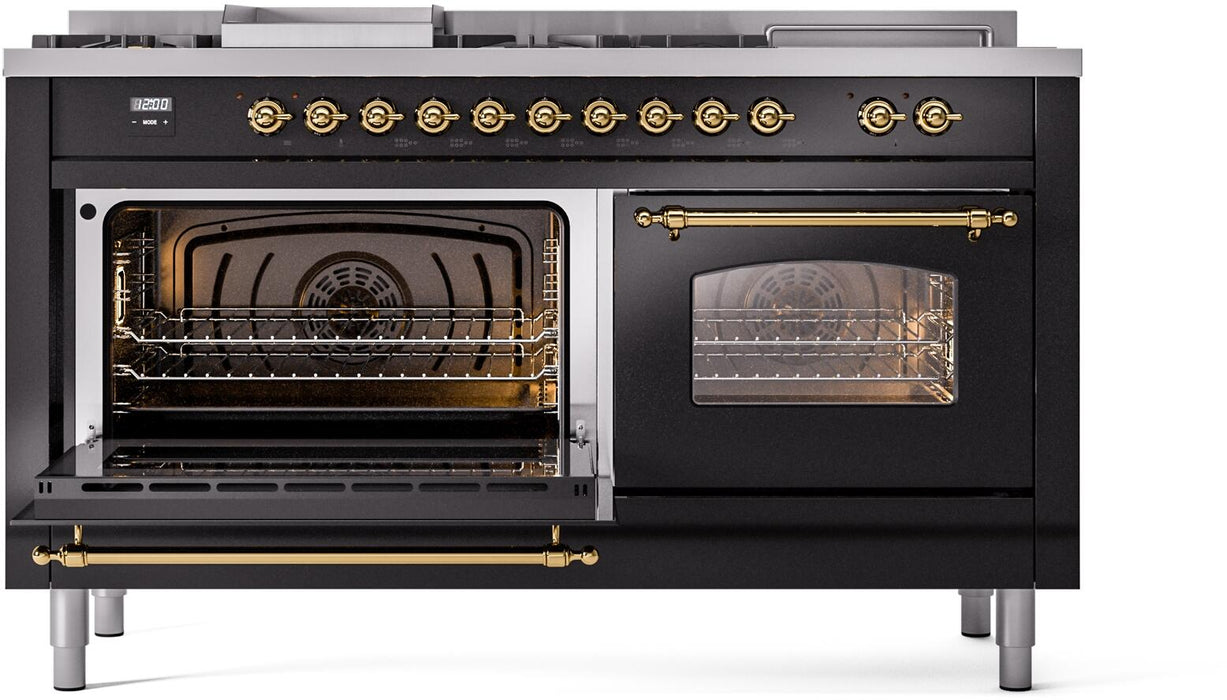ILVE Nostalgie II 60" Dual Fuel Natural Gas Range, Glossy Black, Brass Trim UP60FSNMPBKG