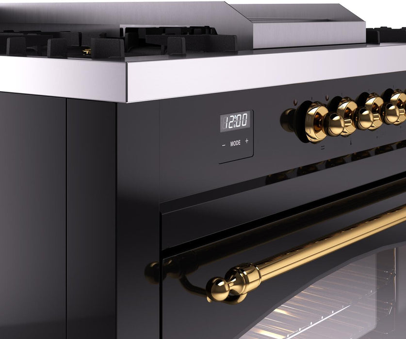 ILVE Nostalgie II 60" Dual Fuel Natural Gas Range, Glossy Black, Brass Trim UP60FSNMPBKG
