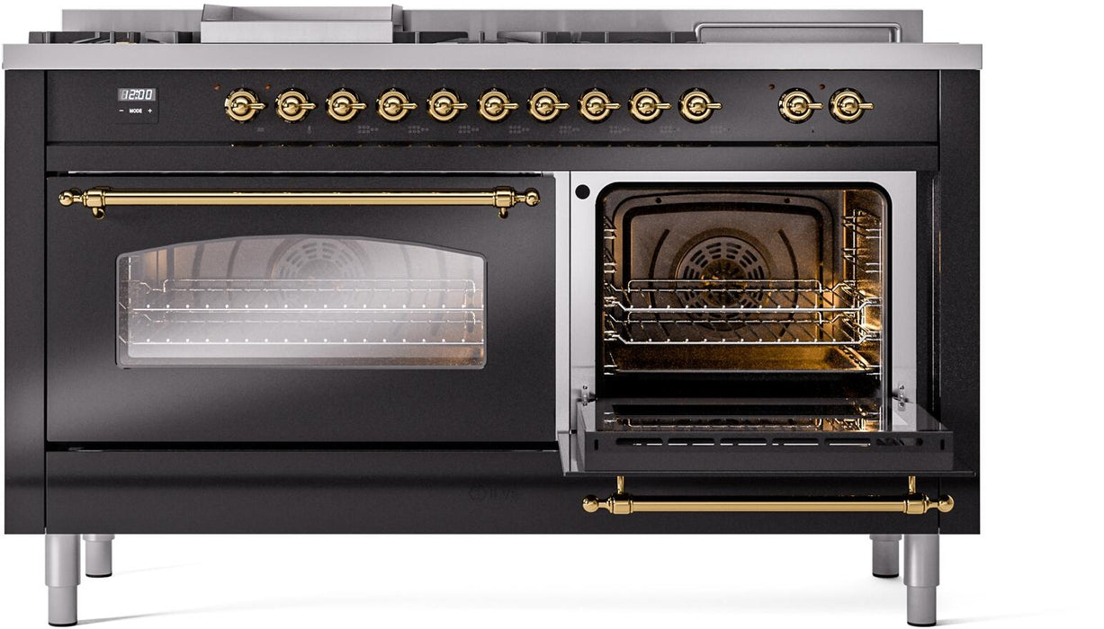 ILVE Nostalgie II 60" Dual Fuel Natural Gas Range, Glossy Black, Brass Trim UP60FSNMPBKG