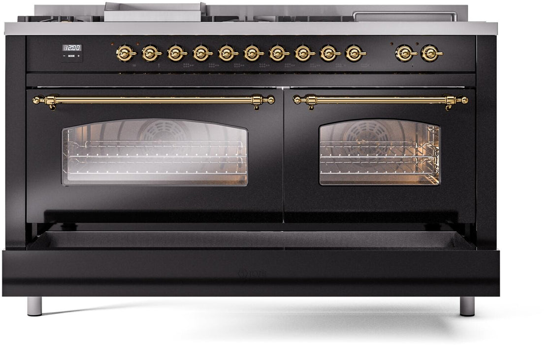 ILVE Nostalgie II 60" Dual Fuel Natural Gas Range, Glossy Black, Brass Trim UP60FSNMPBKG
