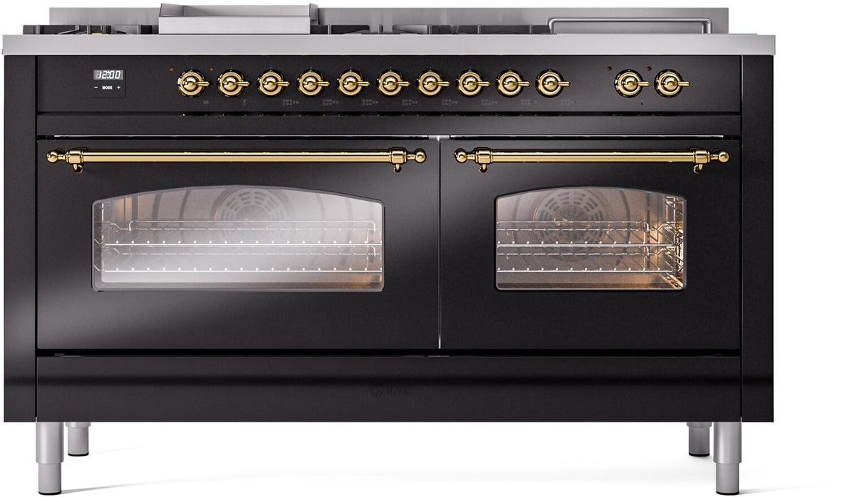 ILVE Nostalgie II 60" Dual Fuel Natural Gas Range, Glossy Black, Brass Trim UP60FSNMPBKG