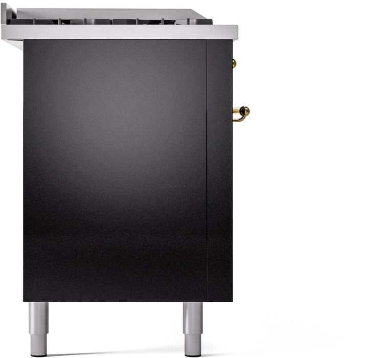 ILVE Nostalgie II 60" Dual Fuel Natural Gas Range, Glossy Black, Brass Trim UP60FSNMPBKG
