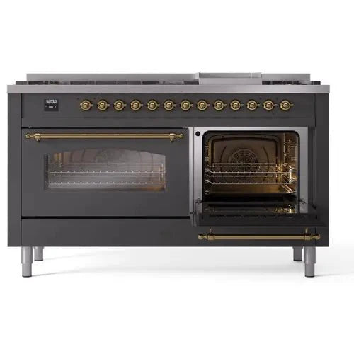 ILVE Nostalgie II 60" Dual Fuel Natural Gas Range, Matte Graphite, Brass Trim UP60FNMPMGG