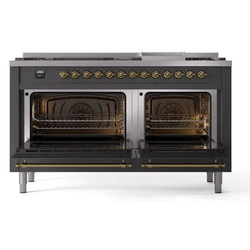 ILVE Nostalgie II 60" Dual Fuel Natural Gas Range, Matte Graphite, Brass Trim UP60FNMPMGG