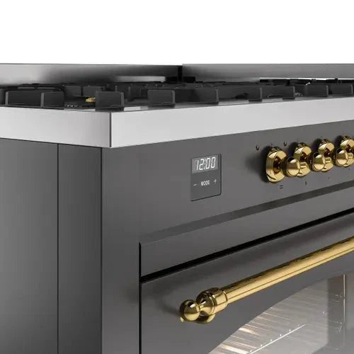 ILVE Nostalgie II 60" Dual Fuel Natural Gas Range, Matte Graphite, Brass Trim UP60FNMPMGG