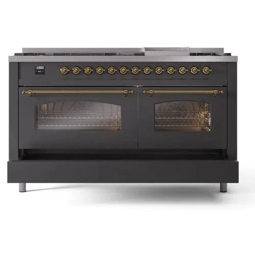 ILVE Nostalgie II 60" Dual Fuel Natural Gas Range, Matte Graphite, Brass Trim UP60FNMPMGG