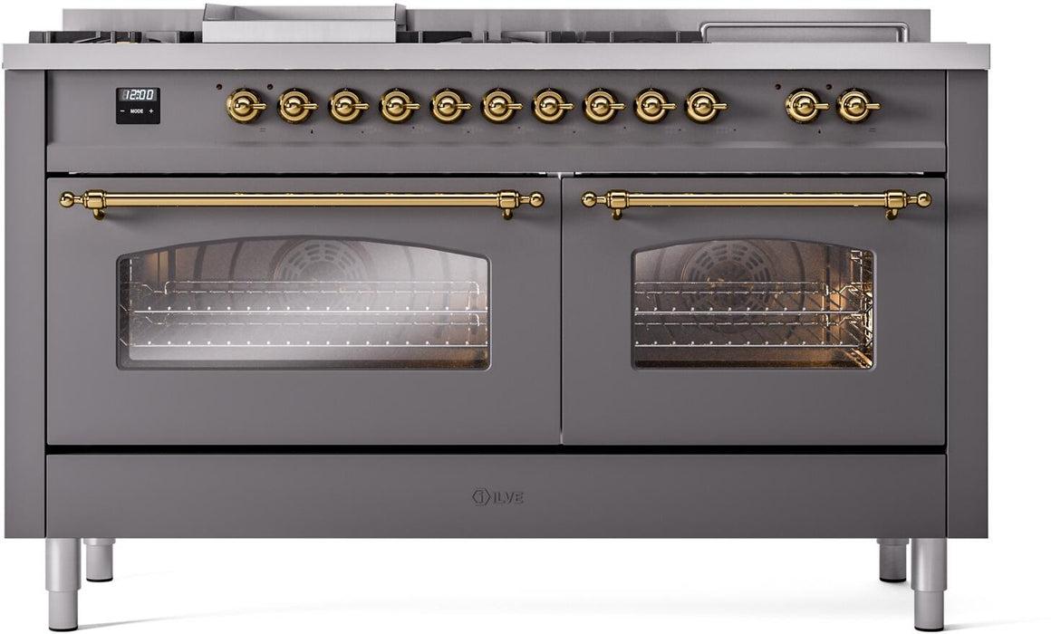 ILVE Nostalgie II 60" Dual Fuel Natural Gas Range, Matte Graphite, Brass Trim UP60FSNMPMGG