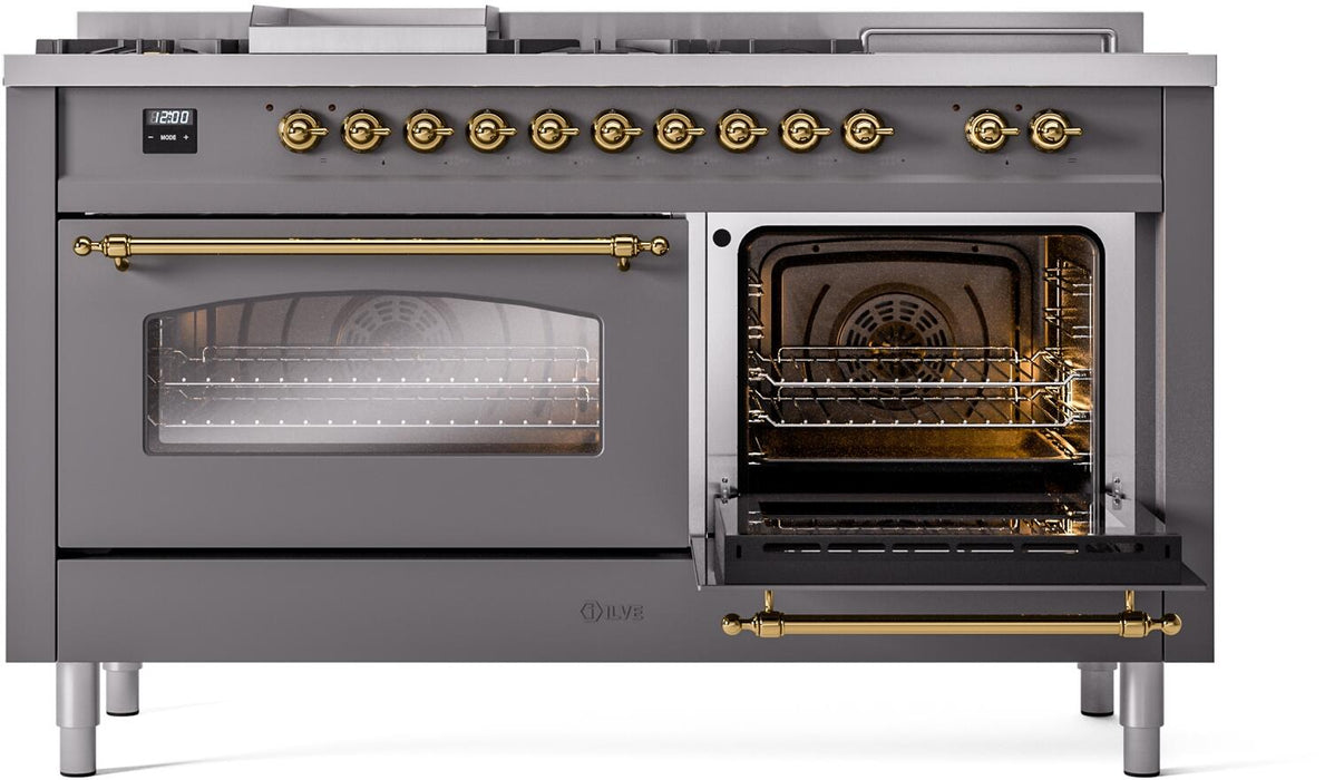 ILVE Nostalgie II 60" Dual Fuel Natural Gas Range, Matte Graphite, Brass Trim UP60FSNMPMGG