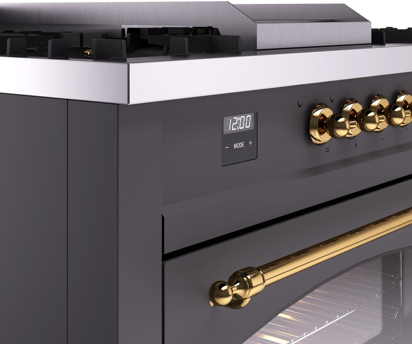 ILVE Nostalgie II 60" Dual Fuel Natural Gas Range, Matte Graphite, Brass Trim UP60FSNMPMGG