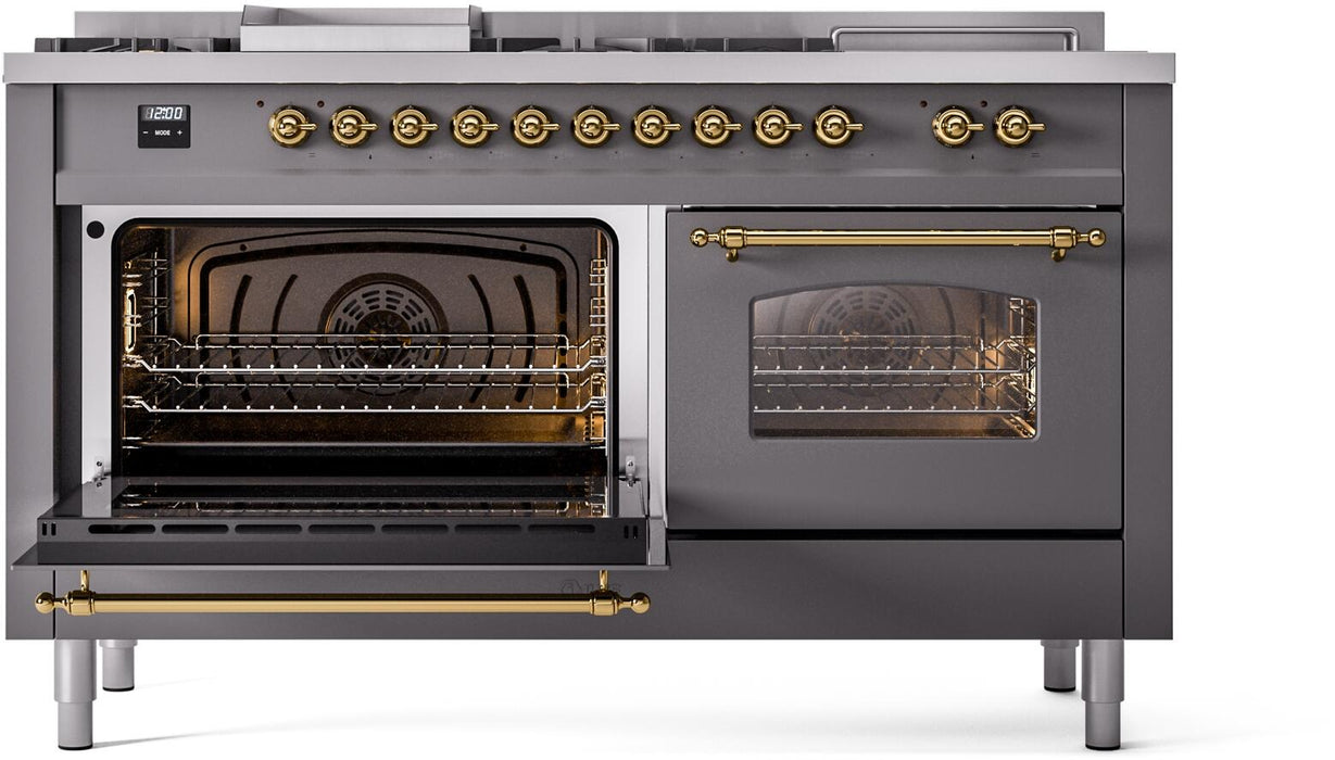 ILVE Nostalgie II 60" Dual Fuel Natural Gas Range, Matte Graphite, Brass Trim UP60FSNMPMGG