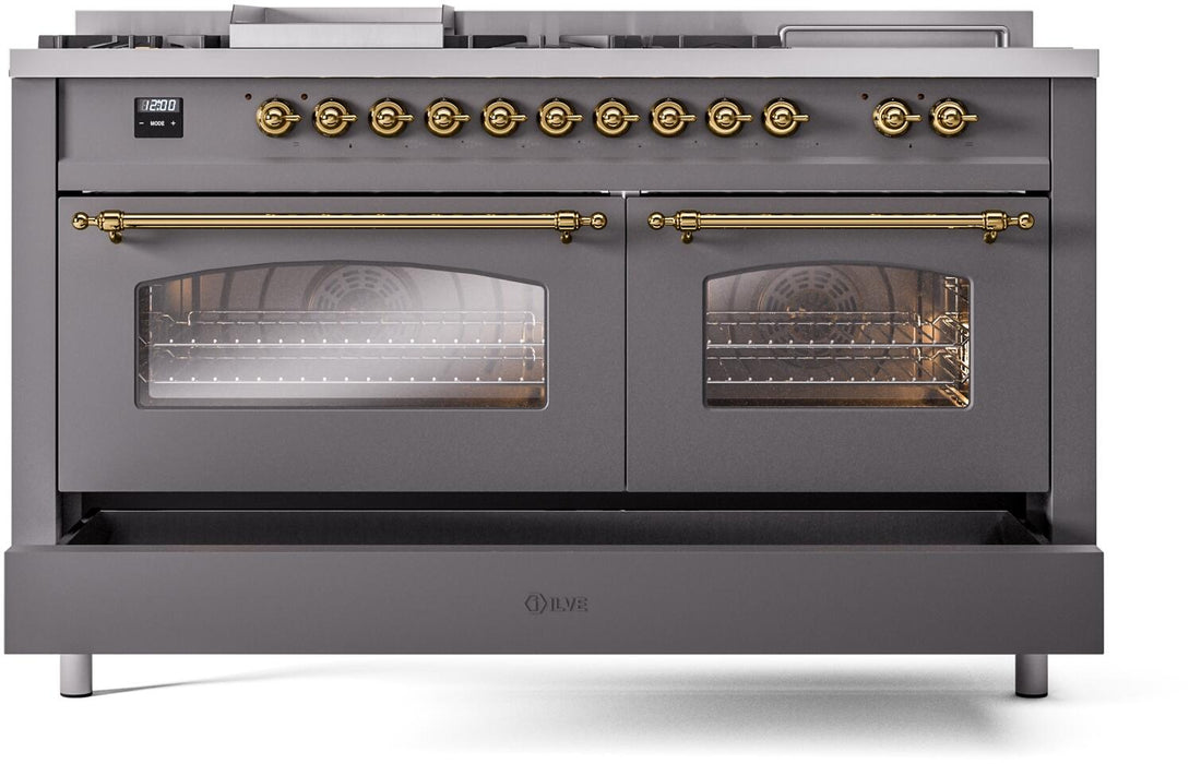 ILVE Nostalgie II 60" Dual Fuel Natural Gas Range, Matte Graphite, Brass Trim UP60FSNMPMGG