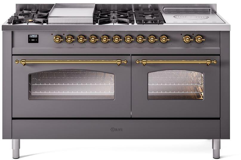ILVE Nostalgie II 60" Dual Fuel Natural Gas Range, Matte Graphite, Brass Trim UP60FSNMPMGG