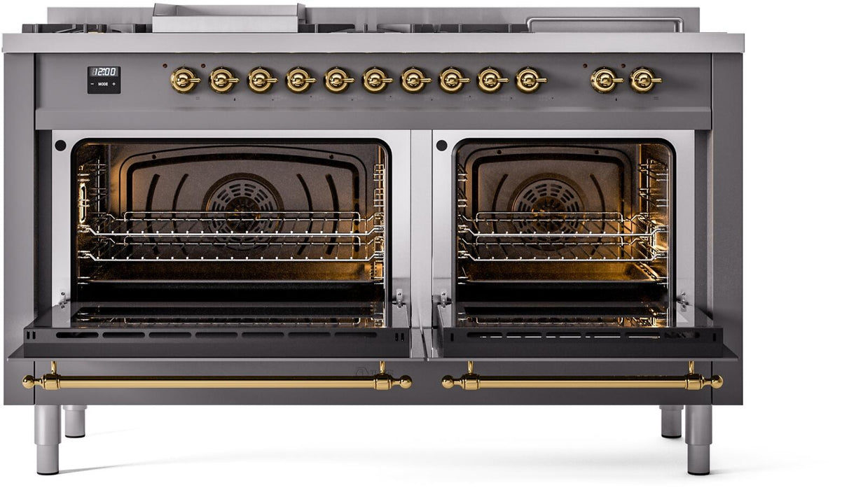 ILVE Nostalgie II 60" Dual Fuel Natural Gas Range, Matte Graphite, Brass Trim UP60FSNMPMGG