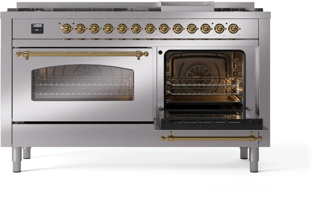 ILVE Nostalgie II 60" Dual Fuel Natural Gas Range, Stainless Steel, Brass Trim UP60FNMPSSG