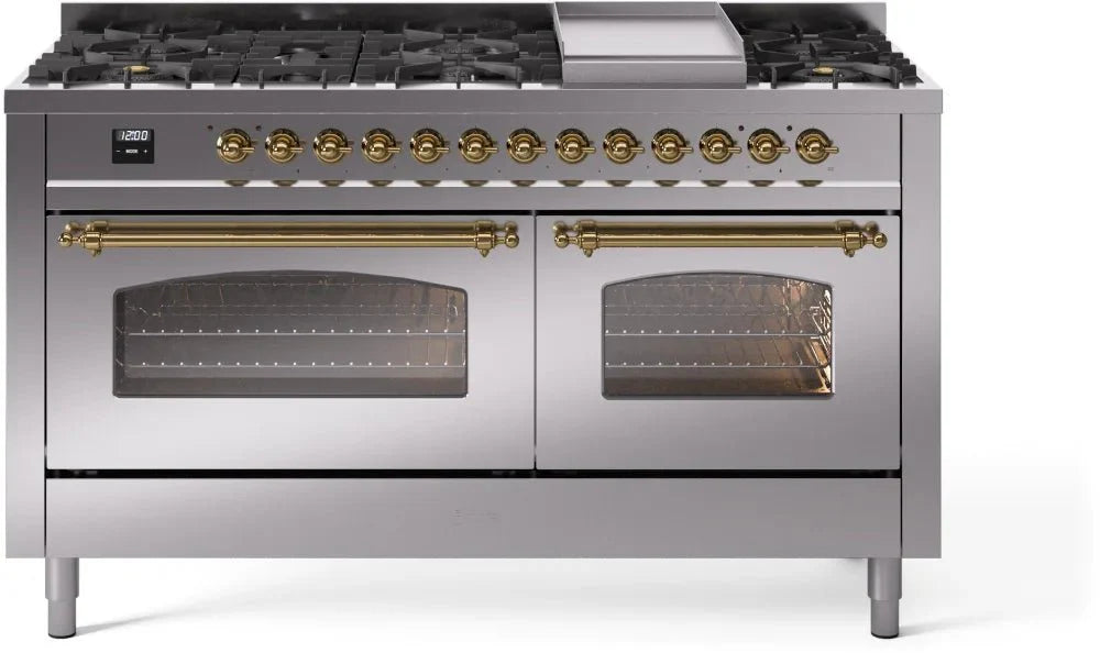 ILVE Nostalgie II 60" Dual Fuel Natural Gas Range, Stainless Steel, Brass Trim UP60FNMPSSG