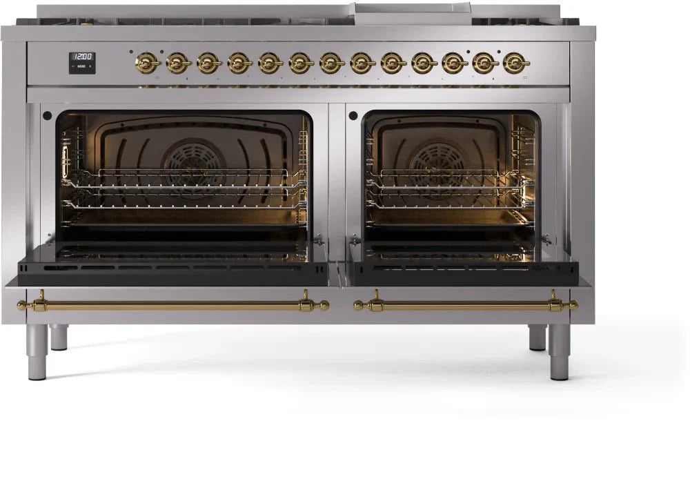 ILVE Nostalgie II 60" Dual Fuel Natural Gas Range, Stainless Steel, Brass Trim UP60FNMPSSG