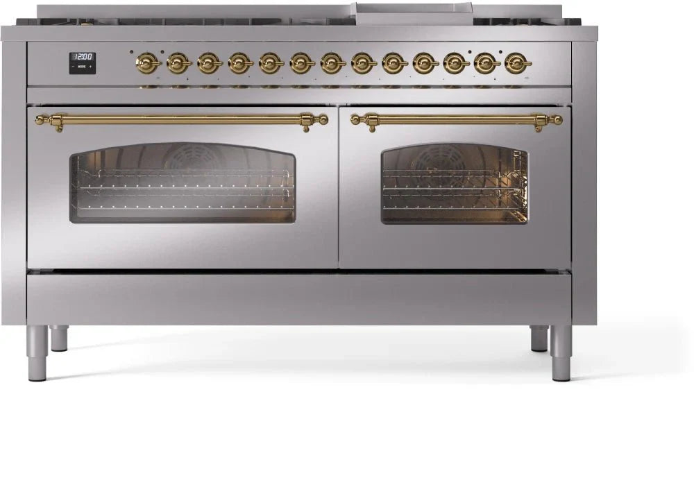 ILVE Nostalgie II 60" Dual Fuel Natural Gas Range, Stainless Steel, Brass Trim UP60FNMPSSG