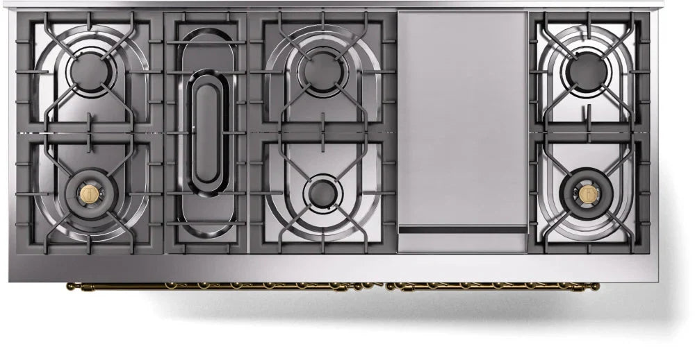ILVE Nostalgie II 60" Dual Fuel Natural Gas Range, Stainless Steel, Brass Trim UP60FNMPSSG