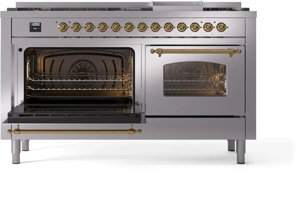 ILVE Nostalgie II 60" Dual Fuel Natural Gas Range, Stainless Steel, Brass Trim UP60FNMPSSG