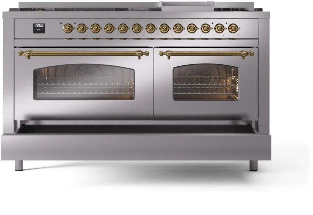 ILVE Nostalgie II 60" Dual Fuel Natural Gas Range, Stainless Steel, Brass Trim UP60FNMPSSG
